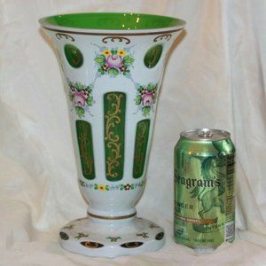 Czech Bohemian Large Green Cased to White Glass Large Flared Rime VASE LOT 4354